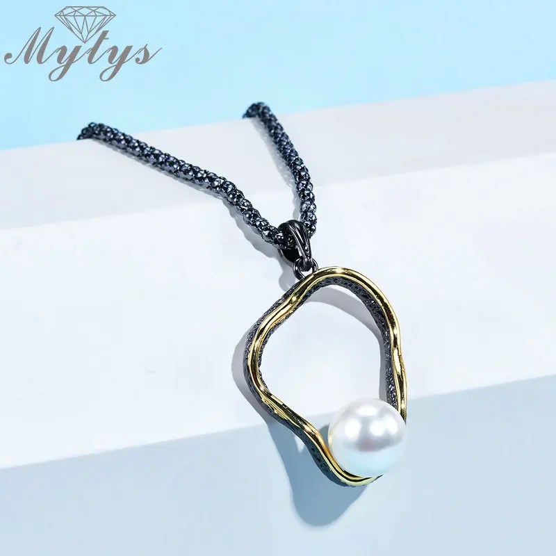 Mytys Retro Antique Black Popcorn Chain Hollow Pendant Necklace Pearl Embellish Gold Wire Frames Vintage Jewelry CN518 | Украшения и