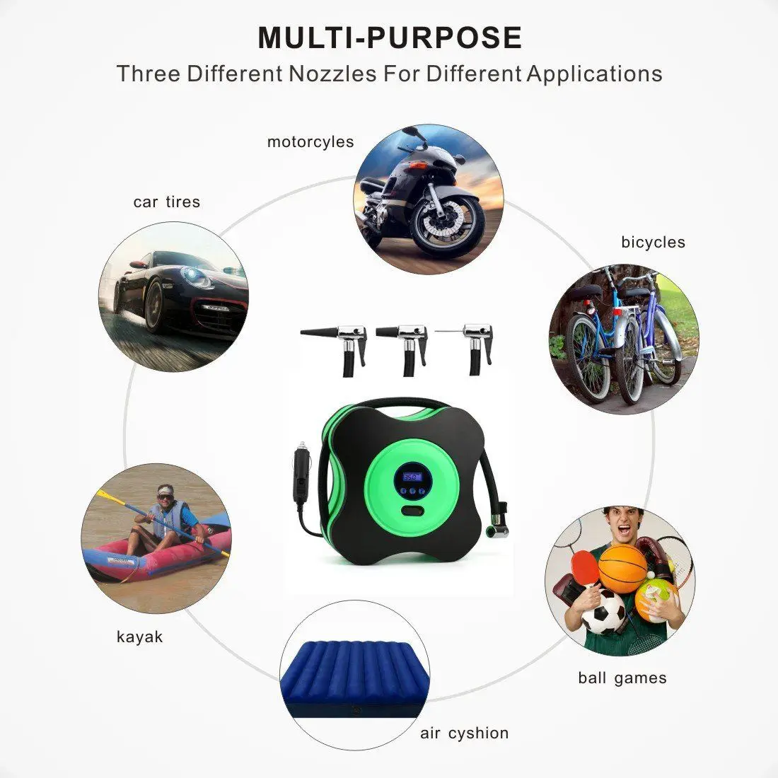 Air Compressor Tire Pump Auto Digital Inflator by 12V DC 150PSI 3 Nozzles Adaptors Portable for Cars Bicycles Basketball and O | Автомобили