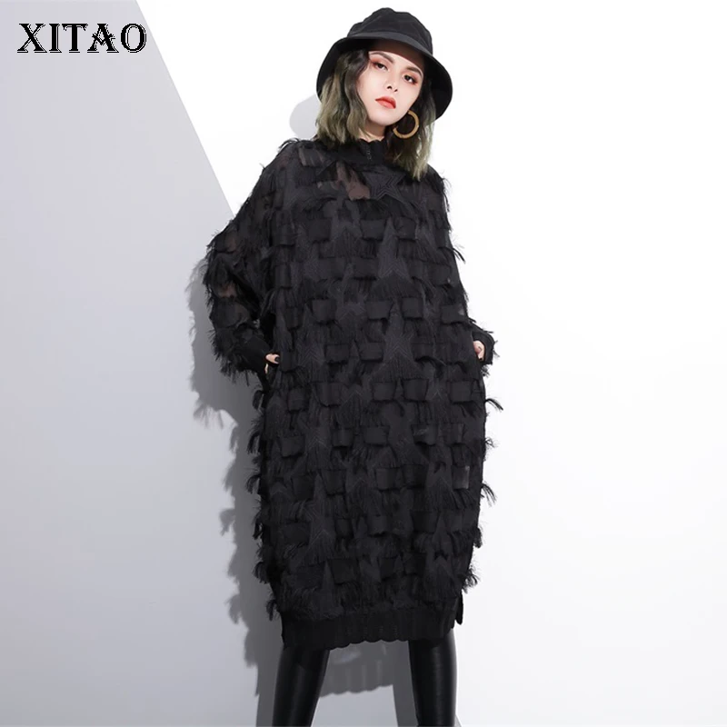 Женское платье с длинным рукавом [XITAO] черное однотонное свободное до колена