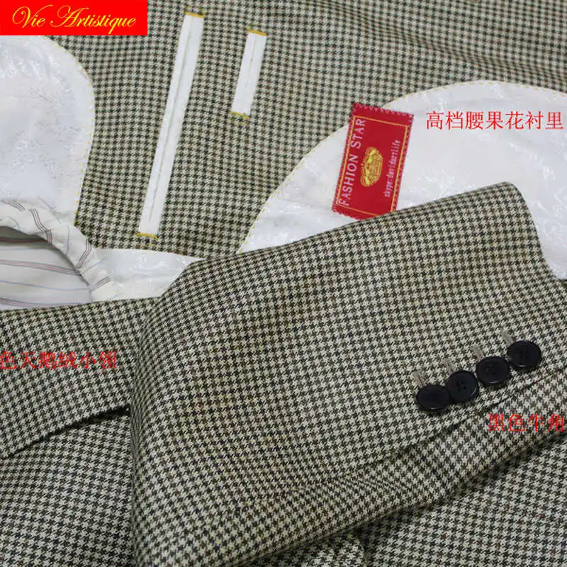 custom tailor made suits 3 pieces jacket pant vest Worsted wool Men's groom tuxedos slim fit wedding green bird eye plaid VA