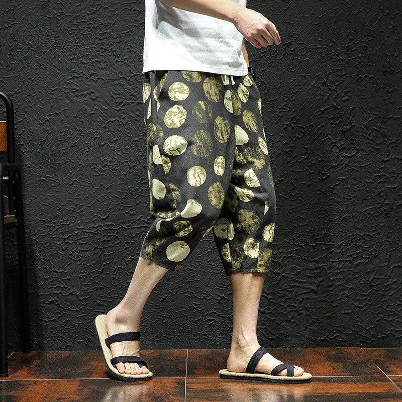 

2020 men's leisure 7 minutes of pants cotton printed haroun pants tropical slacks