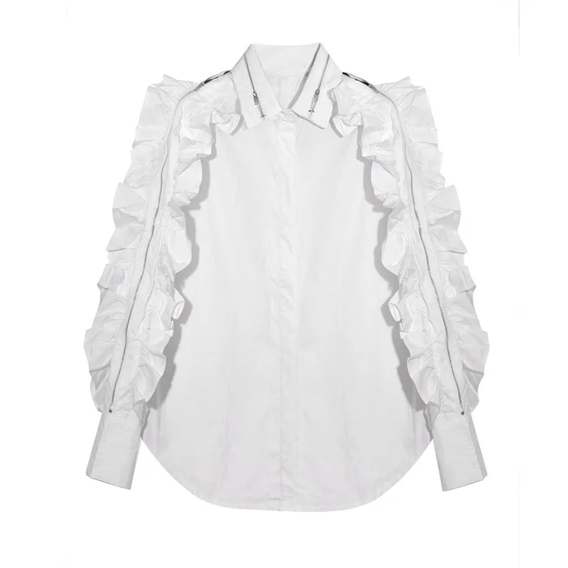 Женская хлопковая рубашка GETSRING белая на молнии с длинным рукавом блузка 2017