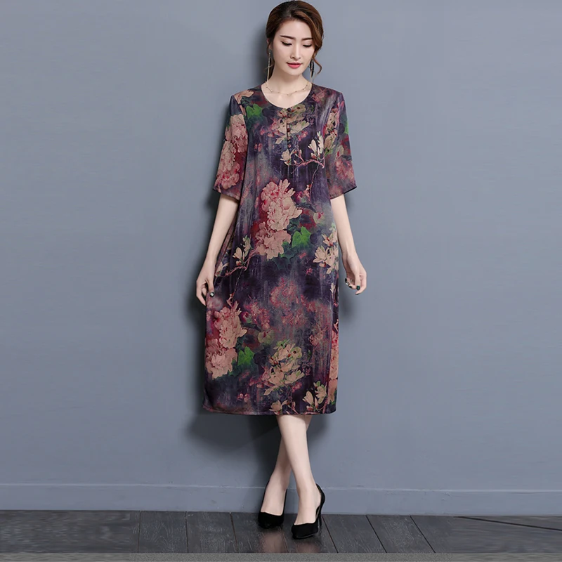 2018 летние шелковые платья для женщин средней длины с круглым вырезом и коротким