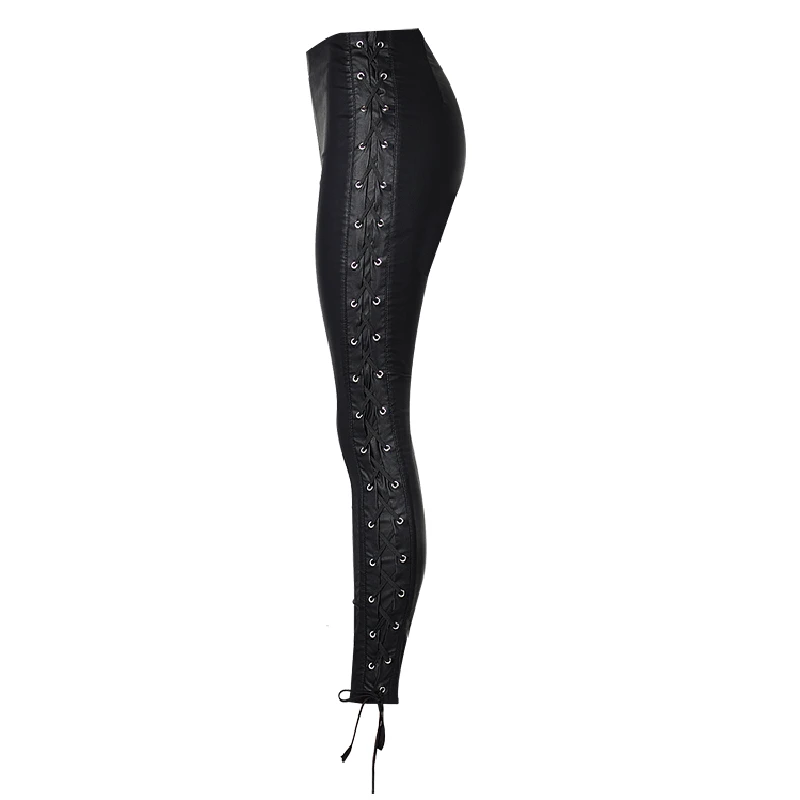 

2019 black lace up Pu Leather Pants women Spring winter Stretch high waist pants Street Punk Motorcycle pencil long Trousers