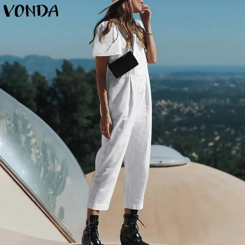 VONDA, женский комбинезон, короткий рукав, Повседневный, свободный, белый, черный, хлопок, Летний комбинезон размера плюс