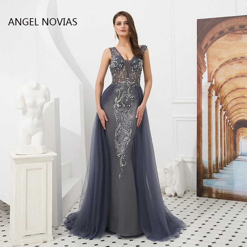 

ANGEL NOVIAS Long Elegant Crystals V Neck Spring Summer Abendkleider Mermaid Grey Evening Dresses 2019 Backless Prom Dress