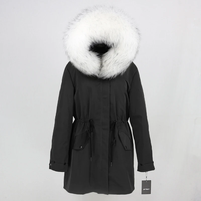black white OFTBUY пальто с натуральным мехом, зимняя куртка, Женская длинная парка, воротник из натурального меха, капюшон, Толстая теплая водонепроницаемая верхняя одежда, отстегивается, Новинка - Цвет: black white