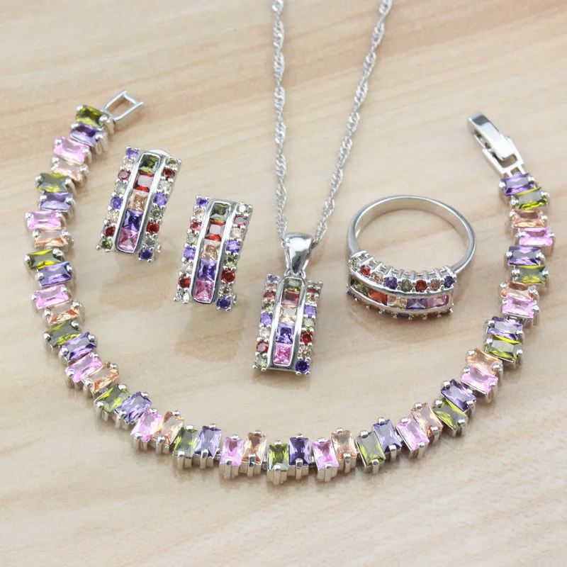 New Fashion Costume Bridal Wedding 925 Silver Jewelry Sets For Women Colorful Stone Dangle Clip Earrings Bracelet And Ring Set