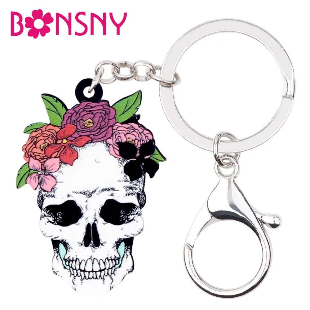 Bonsny эффектный акриловый цветок на Хэллоуин улыбка Череп брелок для ключей в