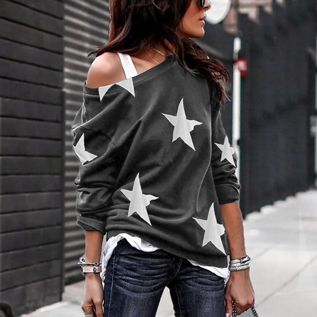 One Shoulder T-Shirt Women Shirt Fashion Star Print Long Sleeve Loose Casual Tee Shirt Spring Lady Shirts Tee Top Plus Size