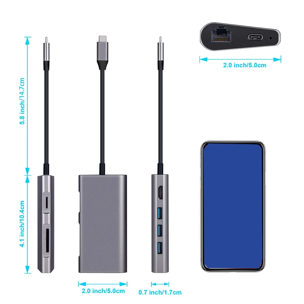 Адаптер usb Type C многопортовый адаптер HDMI выход Gigabit Ethernet SD/TF + Micro SD карты порты 3