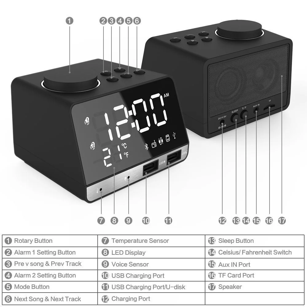 Радиоприемник с Bluetooth-динамиком 4 2 дюйма часы двойным повтором сигнала USB-порт для