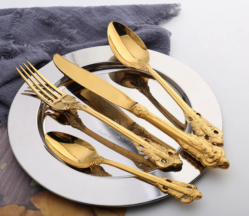 

Dinner Set Vintage Western Gold Plated Cutlery Stainless Steel Knife Fork Set Vintage Kitchen Untensile