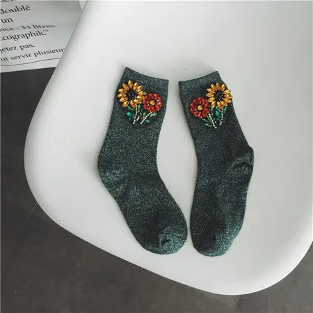 Женские зимние короткие шелковые носки, цветные Серебристые блестящие носки со стразами - Цвет: dark green