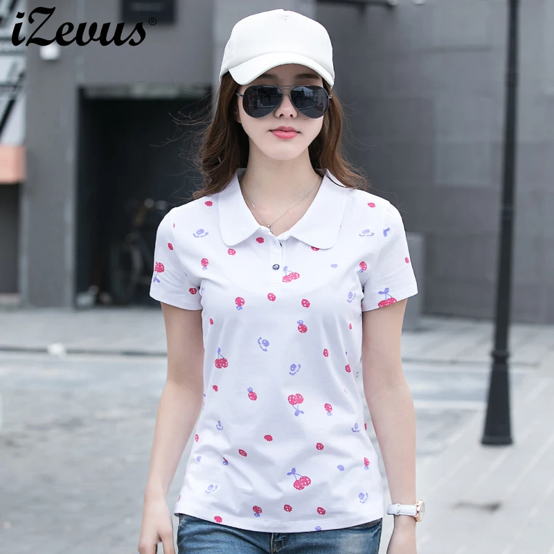 

IZEVUS Fashion T Shirt Women Tops Print Cherries Design T-shirt Casual Wear O-Neck Collar Short Sleeve Women's T-Shirts