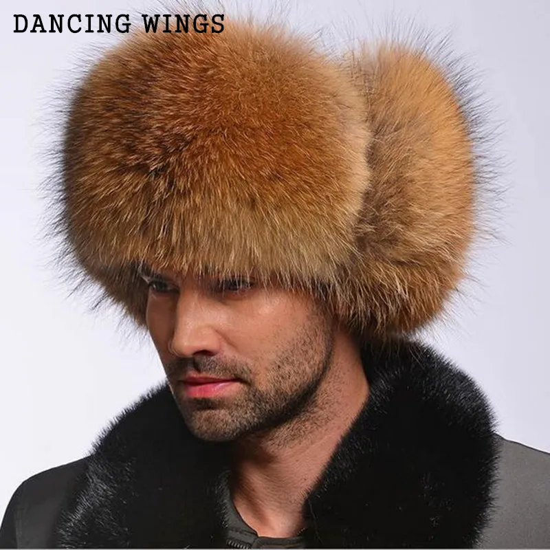Winter Genuine Silver Fox Fur Hats Men Real Raccoon Fur Lei Feng Cap for Russian Men Bomber Hats with Leather Tops