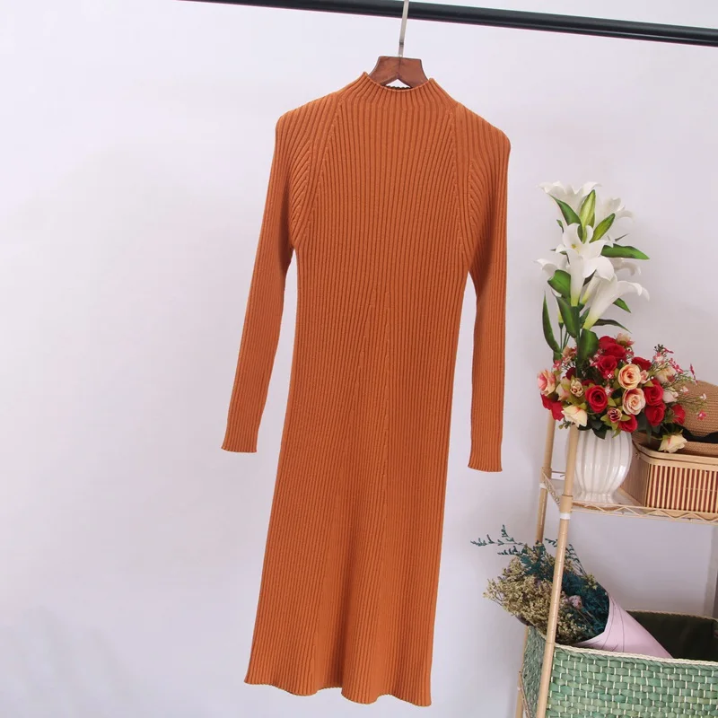 ONLYSVTER Women Autumn Winter Sweater Knitted Dress Thick Warm Knee-length Dress Rib Slim Female Dress