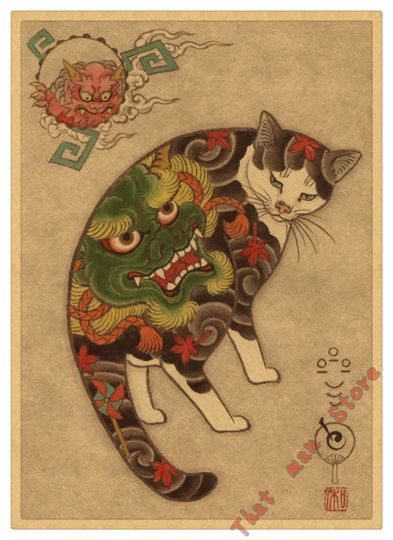 Винтажный бумажный Ретро аниме постер японский самурайский Кот тату постеры из