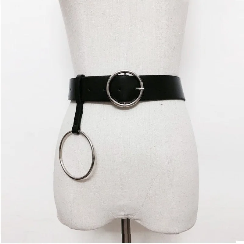 Gold Double Rings Belt For Women Leisure Faux Leather Waist Black Round Buckle Strap Waistband Cinturones Mujer Riem | Аксессуары для