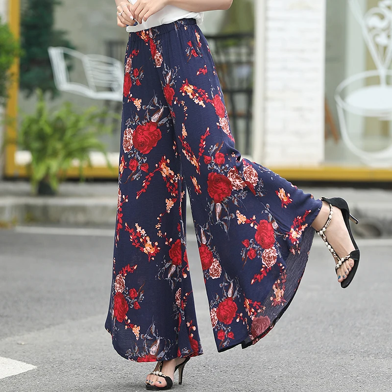 

New Women pant 2019 Fashion vintage Floral Print loose Wide leg pants Summer Casual cotton linen Pants Female plus size