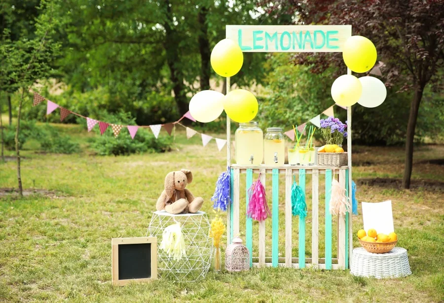 Laeacco фотофоны детская будка Lemonade плюшевый мишка день рождения зеленая трава на
