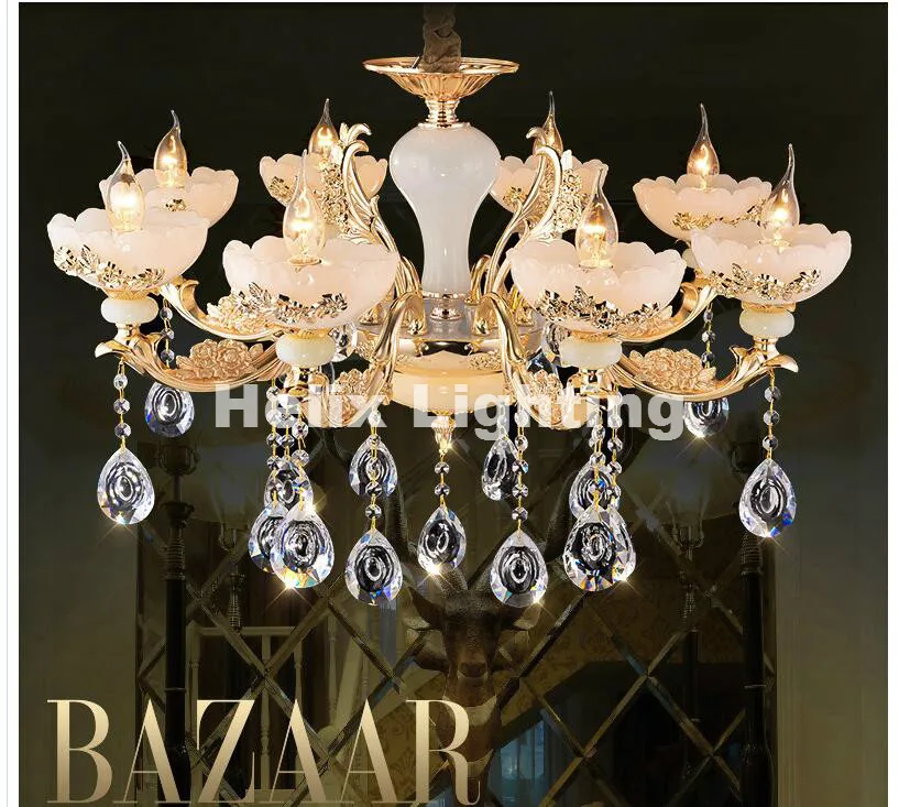 

Free Shipping Zinc Alloy Modern LED Chandelier Lustre Jade Large K9 Gold E14 Crystal Chandeliers Living Room Lobby Hotel Lights
