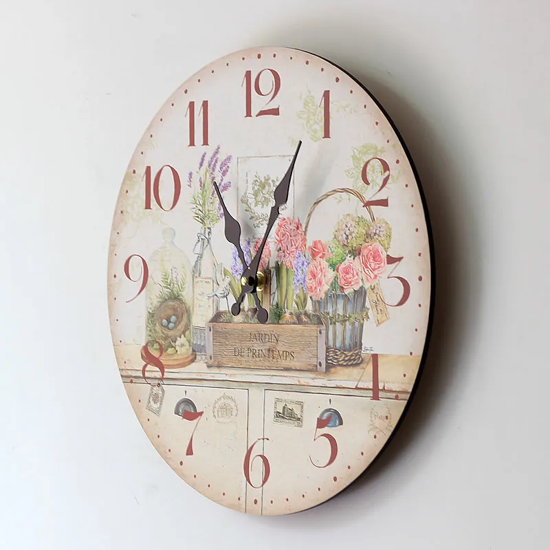Настенные часы в античном стиле с цветным рисунком цветов круглые деревянные
