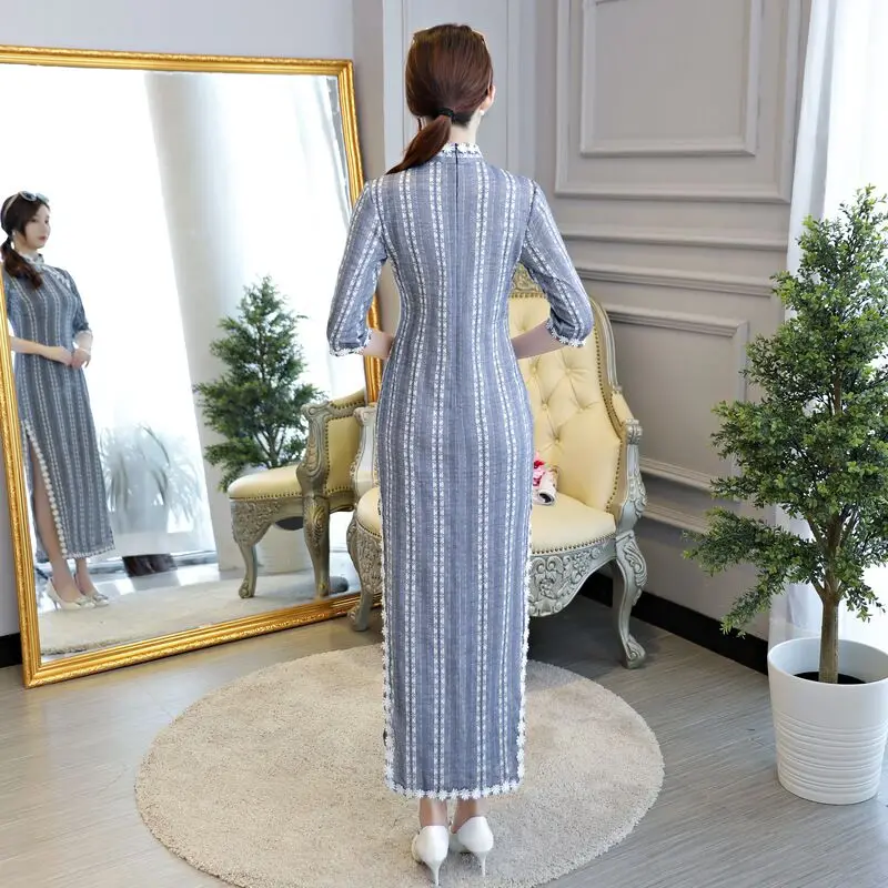 

2019 Spring Long Cheongsam Novelty Chinese style Dress Womens Qipao Slim Party Dresses Lady Button Vestido Size S-XXL