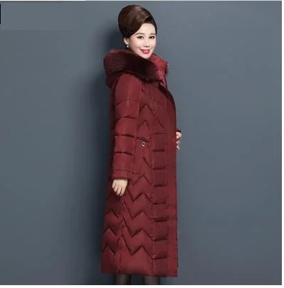 Deep red wine Зимняя куртка X-long с меховым воротником для женщин среднего возраста, парки, теплое толстое пальто с капюшоном, большой размер, пуховое хлопковое Женское пальто 6XL - Цвет: Deep red wine