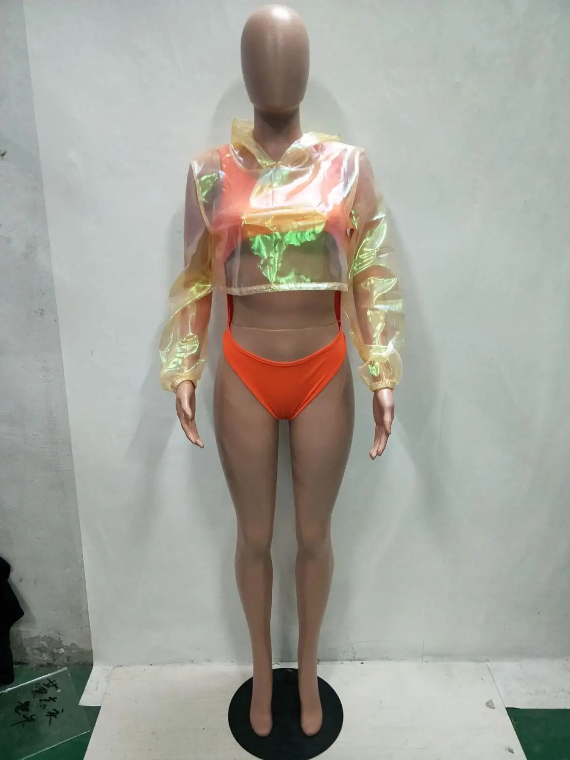 

New Arrival Full Sleeve Hooded See Through Crop Top With Skinny Bodysuits Sexy Bathing Suit Solid Bikini Swimsuit