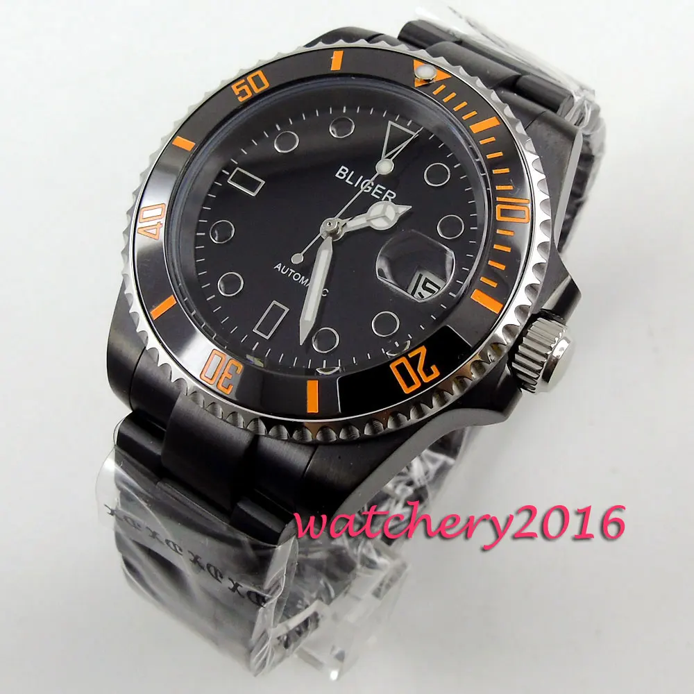 

New Fashion 40mm Bliger sapphire glass black dial PVD case ceramic bezel luminous marks miyota automatic movement Men's watch