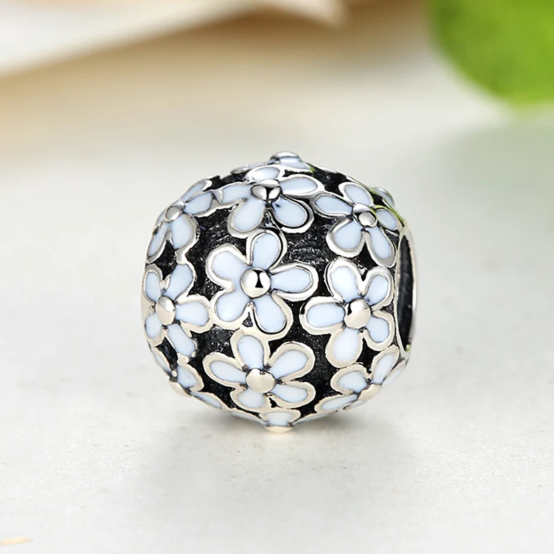 100% Стерлинговое Серебро 925 пробы цельный цветок из белой эмали Очаровательная