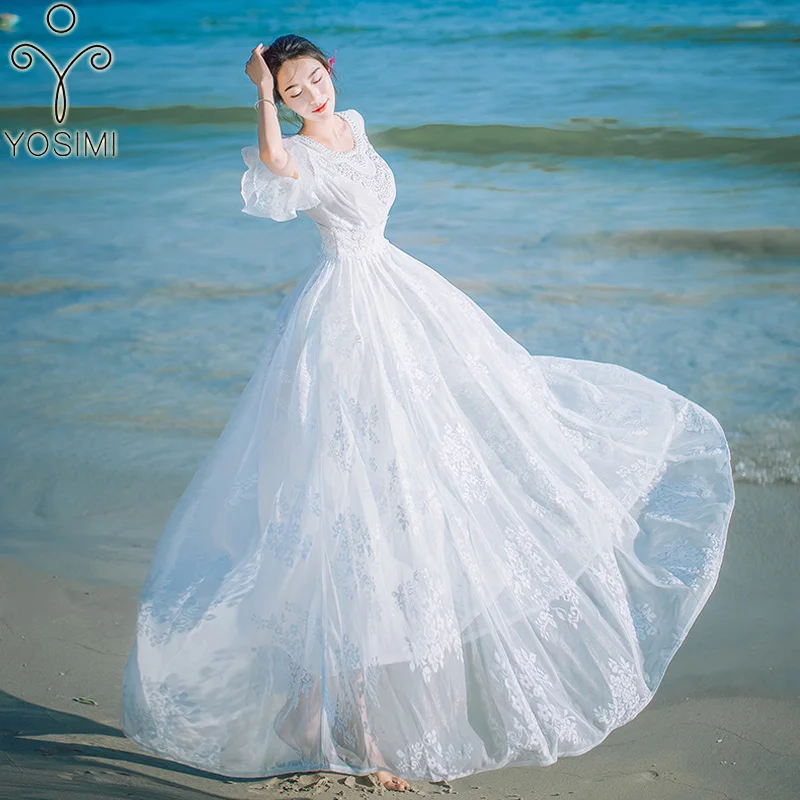 YOSIMI 2018 Летнее Длинное винтажное кружевное длинное женское платье феи вечерние