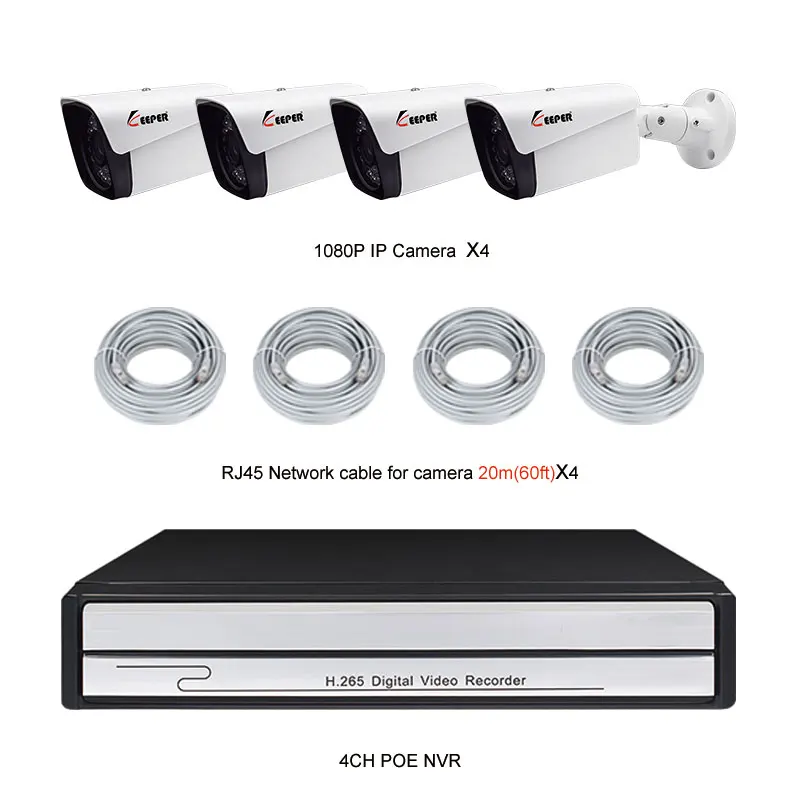 Хранитель H.265 4CH 1080P HD POE NVR CCTV система 4 шт. 2.0MP наружная ip-камера Водонепроницаемая P2P Onvif система видеонаблюдения - Цвет: POE2104-4NX-cable