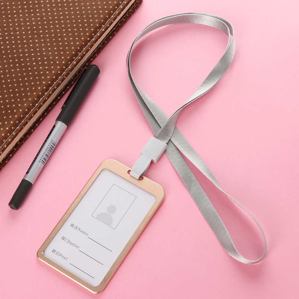 1 PC Aluminum Alloy Business Work Card ID Badge Vertical Metal Card Case Holders with Rope Office School Card Holder