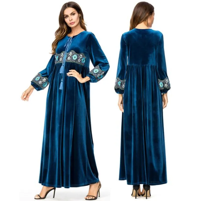 Vestidos кафтан арабский абайя Дубай бархат хиджаб с вышивкой мусульманское платье