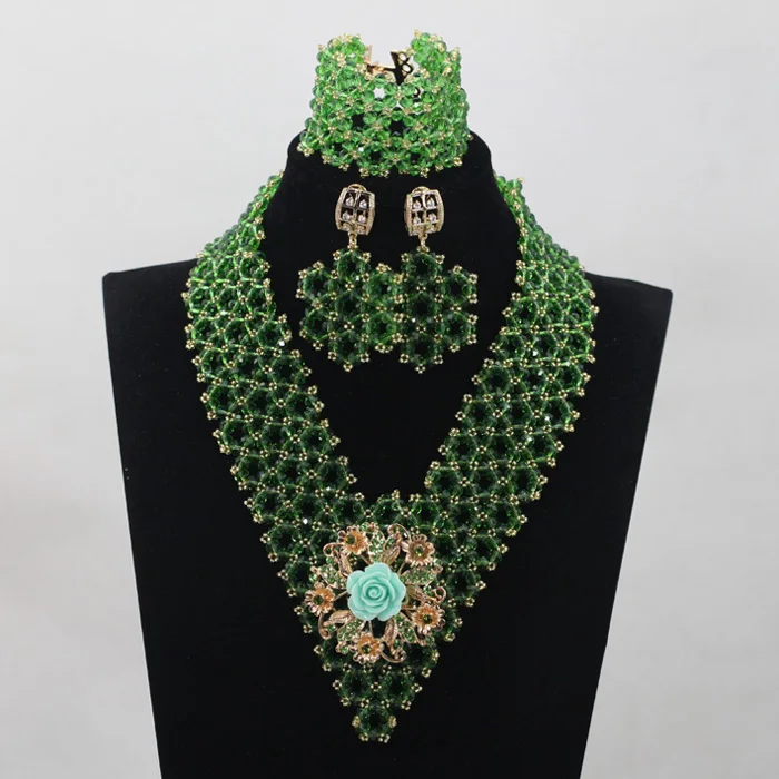 Великолепный зеленый кристалл в форме листа комплект ювелирных изделий