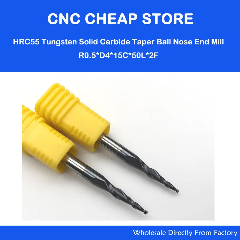 

2pcs-R0.5*D4*15*50L*2F HRC55 Tungsten solid carbide Coated Tapered Ball Nose End Mills taper and cone CNC milling cutter Bits