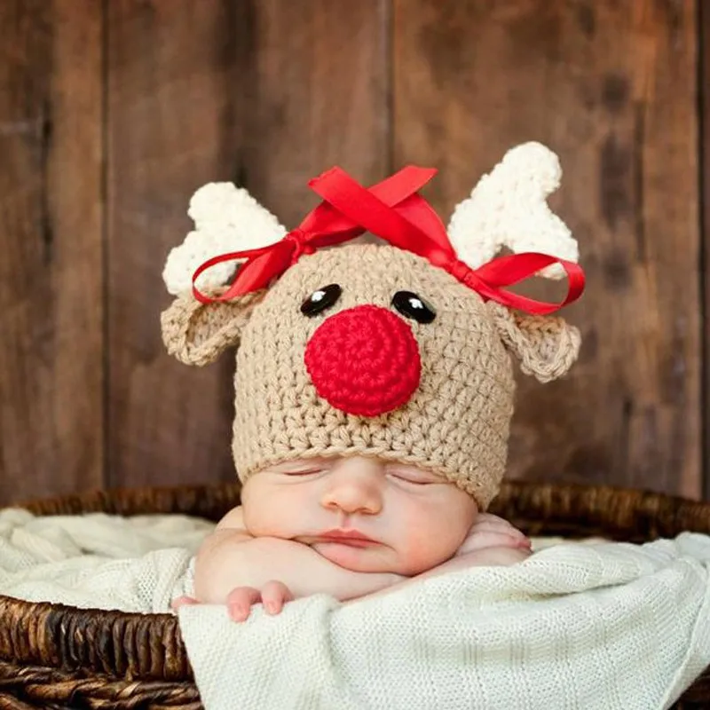Christmas Newborn Infant Baby Boy Girl Hats Cartoon Crochet Knitted Bowknot Deer Cap Photography Props 0-4M | Детская одежда и