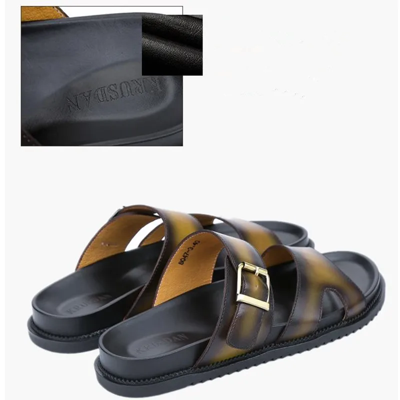 Мужские слиперы летние шлепанцы из натуральной кожи пляжная обувь босоножки