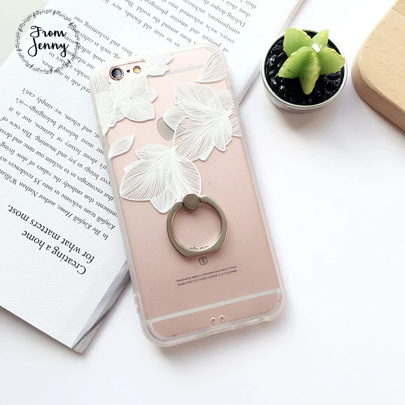 From Jenny Ring Grip Lace Flower Pattern Case For iPhone 6 6s Plus 7 hard Back Cover Cases half rose capa fundas |