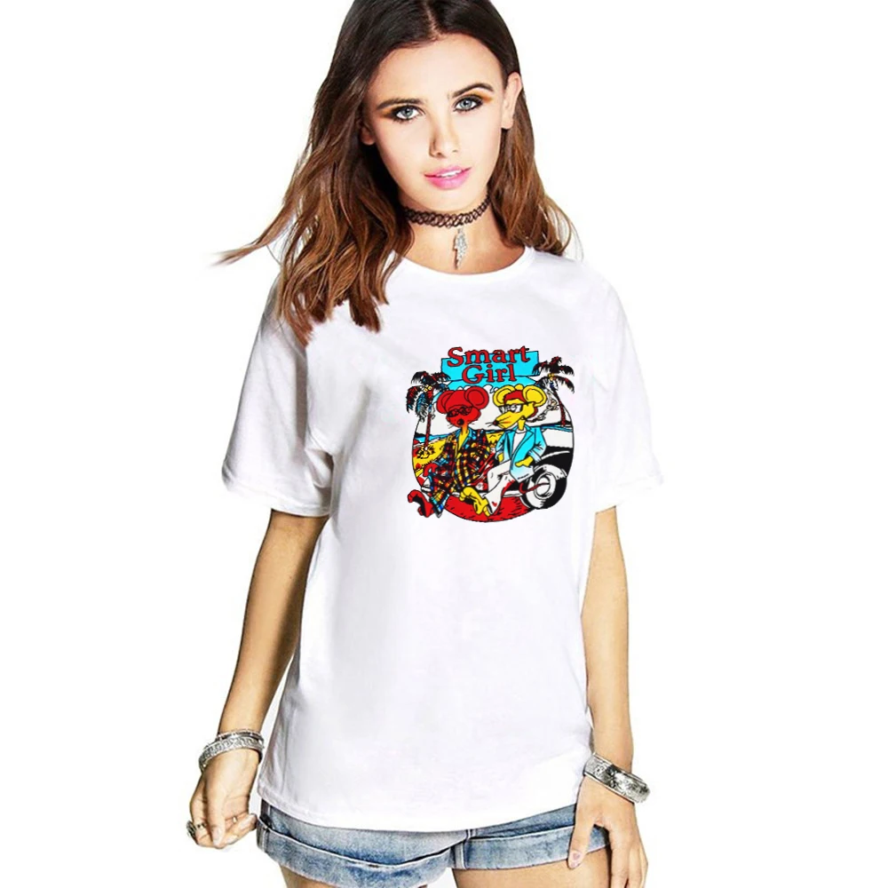 Харадзюку Эстетическая футболка для женщин хлопок 2019 Смарт девушка мультфильм
