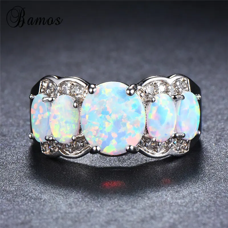 Bamos Fashion Vintage Opal Wedding Ring Round Rainbow Finger Rings 925 Sterling Sliver Filled Bride Jewelry Birthstone Gifts | Украшения и