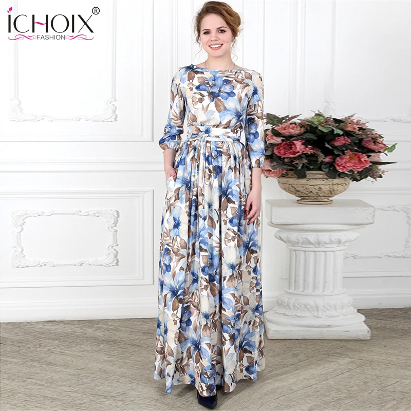 Женское длинное платье трапеция ICHOIX элегантное винтажное макси в пол с цветочным