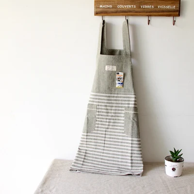 

100% Cotton Kitchen Apron Unisex With Convenient Pocket Korean Fashion Strip Oil Proof Cooking Sleevless Adult Aprons Baking BBQ