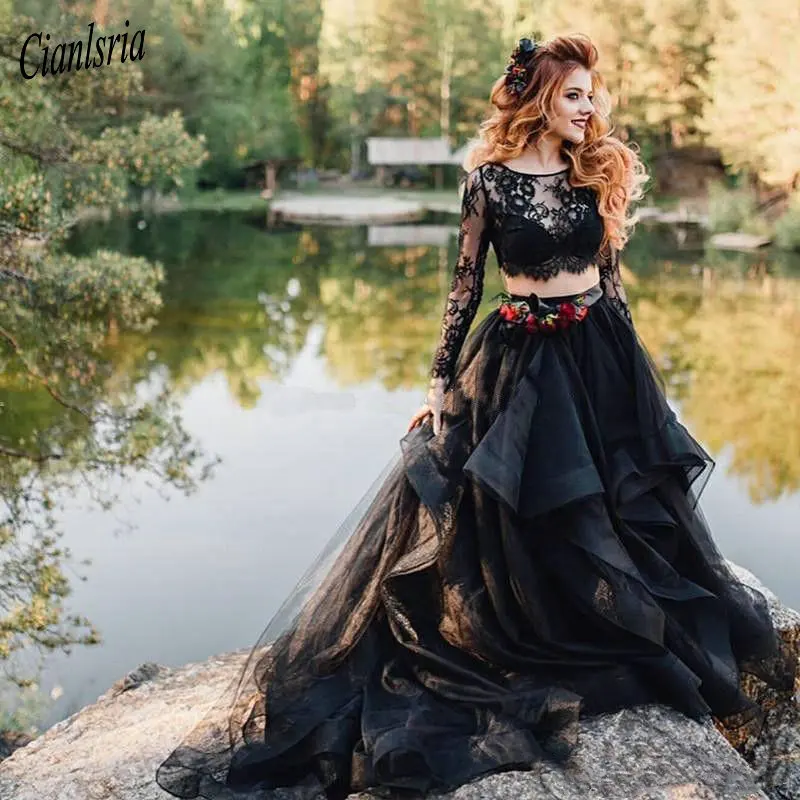 Two Pieces Black Wedding Dresses 2020 Long Sleeve Tiered Organza Sweep Train Vintage Bridal Gowns Vestido De Novia | Свадьбы и