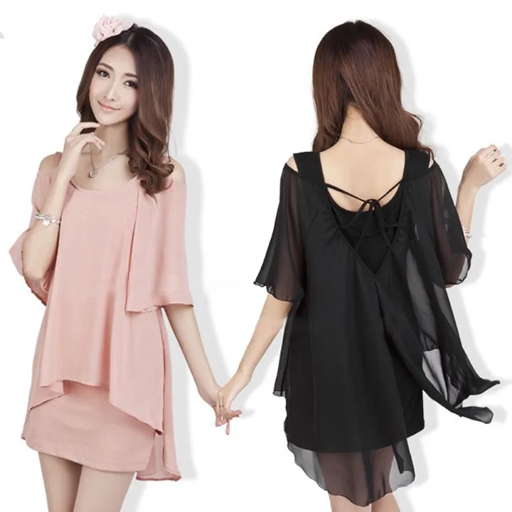 New Women Layered Backless Dress Ladies Short Sleeve Summer Chiffon Plus Size Casual Cotton Mini 22 | Женская одежда