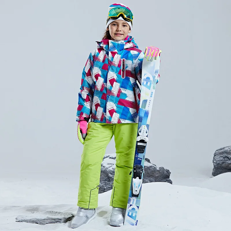 Girls Top Green Pant Детский лыжный костюм для мальчиков и девочек; Водонепроницаемая Лыжная куртка; зимние штаны; теплая зимняя верхняя одежда для мальчиков и девочек; комплект одежды с капюшоном - Цвет: Girls Top Green Pant