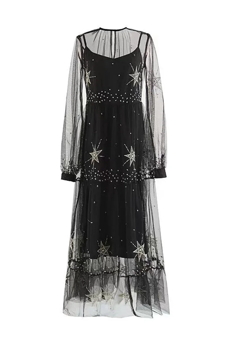 

Vestido Longo Rushed Vestido De Festa 2018 Summer New Star Embroidery Five-pointed Long-sleeved Perspective Mesh Dress Female