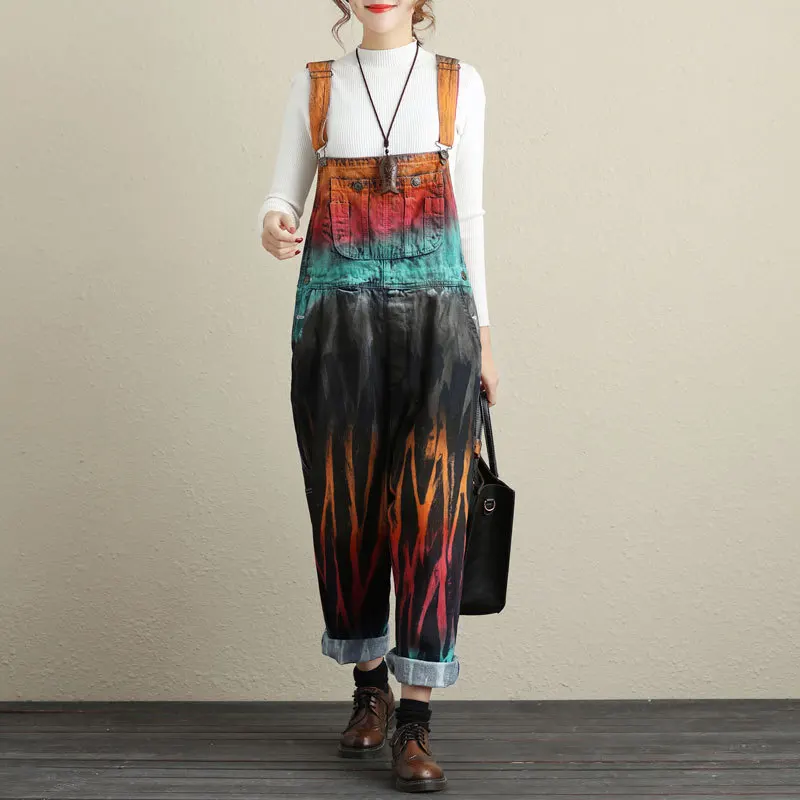 Женский винтажный комбинезон свободный джинсовый с принтом|denim jumpsuit|overall jumpsuitprint